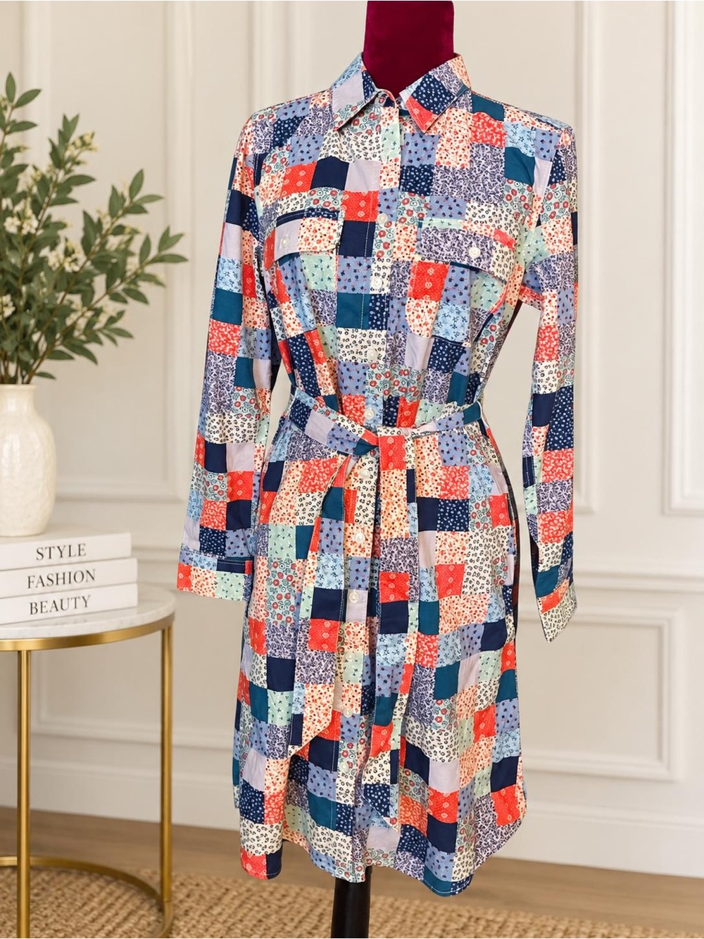 Woman Lands’ End Patchwork Floral 100% Cotton Shirt Dress Small 6-8